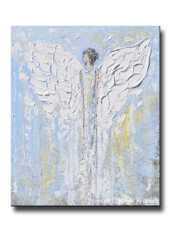 ORIGINAL Abstract Angel Painting Light Blue White Guardian Angel Inspirational Art Textured Spiritual Wall Art 24" - Christine Krainock Art - Contemporary Art by Christine - 1