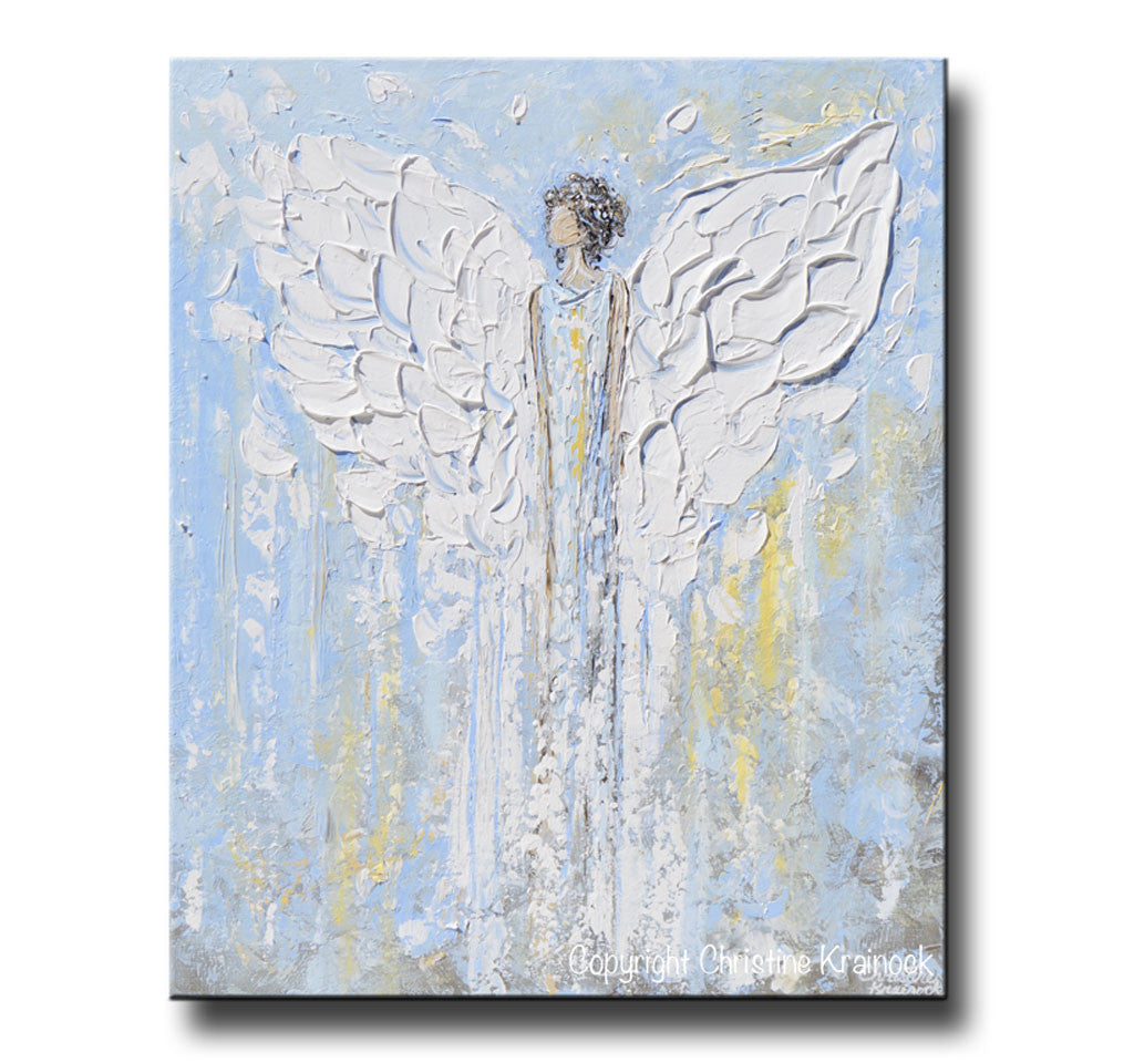 ORIGINAL Abstract Angel Painting Light Blue White Guardian Angel Inspirational Art Textured Spiritual Wall Art 24" - Christine Krainock Art - Contemporary Art by Christine - 3