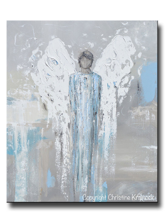 ORIGINAL Angel Painting Abstract Male Guardian Angel Blue Grey Textured Home Decor Wall Art 20x24"