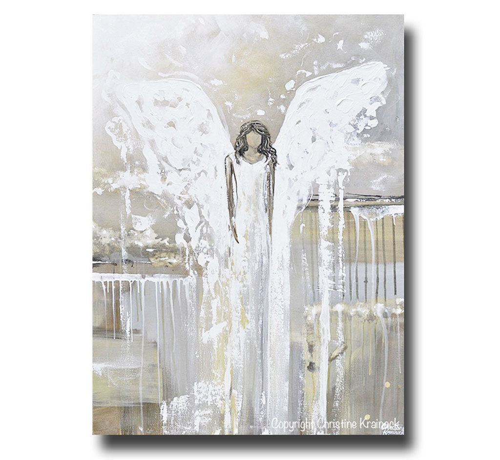 GICLEE PRINT Abstract Angel Painting Art Guardian Angel Grey White Cream Neutral Home Wall Decor