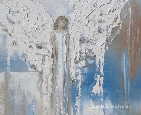 ORIGINAL Abstract Angel Painting Textured Guardian Angel Blue White Beige Spiritual Wall Art 30x24" - Christine Krainock Art - Contemporary Art by Christine - 5