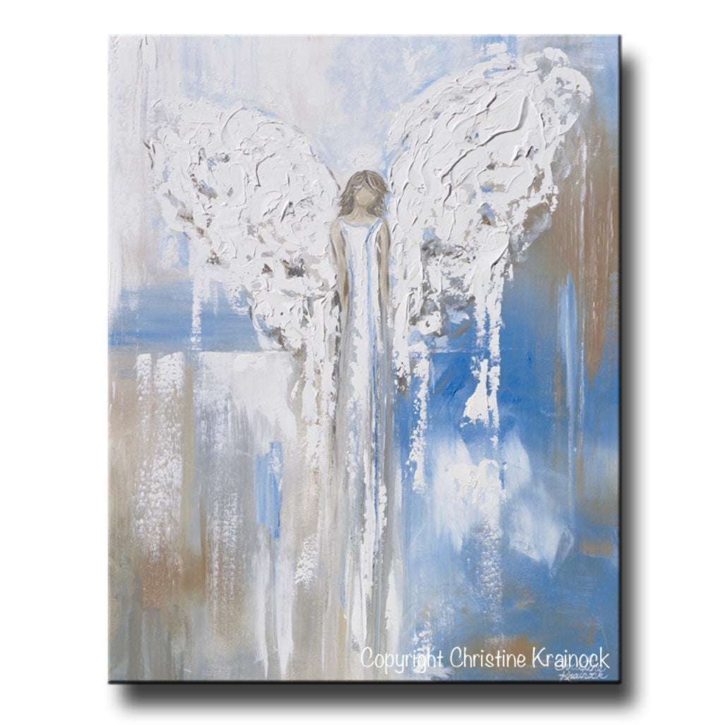 ORIGINAL Abstract Angel Painting Textured Guardian Angel Blue White Beige Spiritual Wall Art 30x24" - Christine Krainock Art - Contemporary Art by Christine - 3