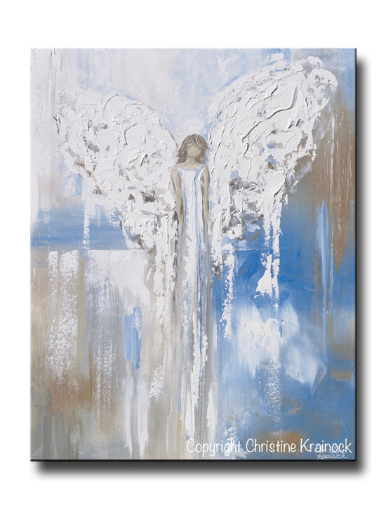 ORIGINAL Abstract Angel Painting Textured Guardian Angel Blue White Beige Spiritual Wall Art 30x24" - Christine Krainock Art - Contemporary Art by Christine - 1