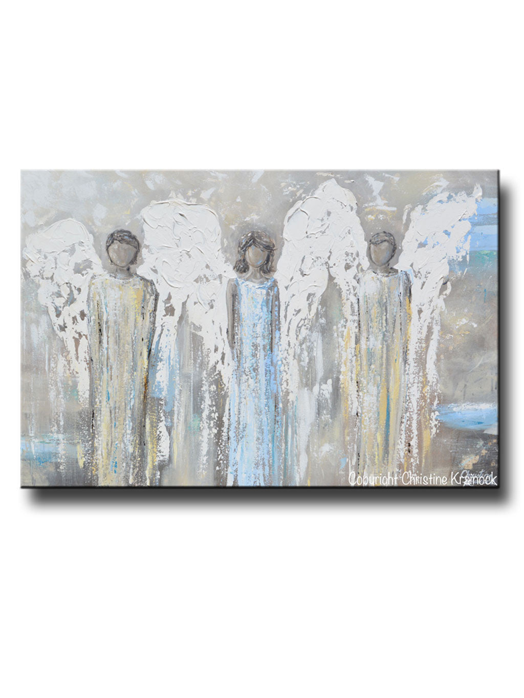 ORIGINAL Angel Painting Abstract 3 Angels Guardian Textured Grey Gold Home Decor Wall Art 36x24"