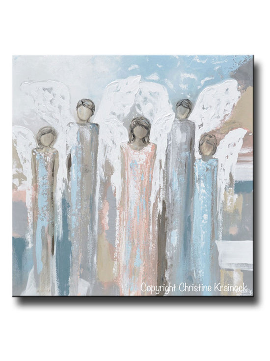 ORIGINAL Art Angels Painting Fine Art Abstract Five Angels Grey White Beige Blue Pink Modern Home Wall Decor X Large 36x36"