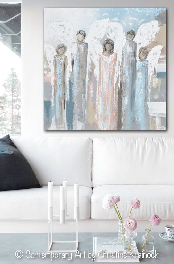 GICLEE PRINT Art Angels Painting Fine Art Abstract Angels Children Grey White Beige Blue Home Wall Decor