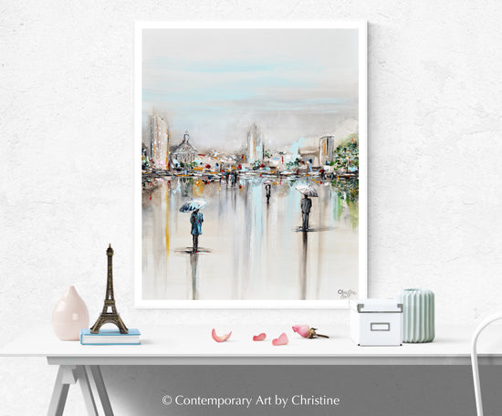 "A Moment in Time" ORIGINAL Art Abstract Painting Cityscape Horizon Modern Figurative Umbrellas 24x30"