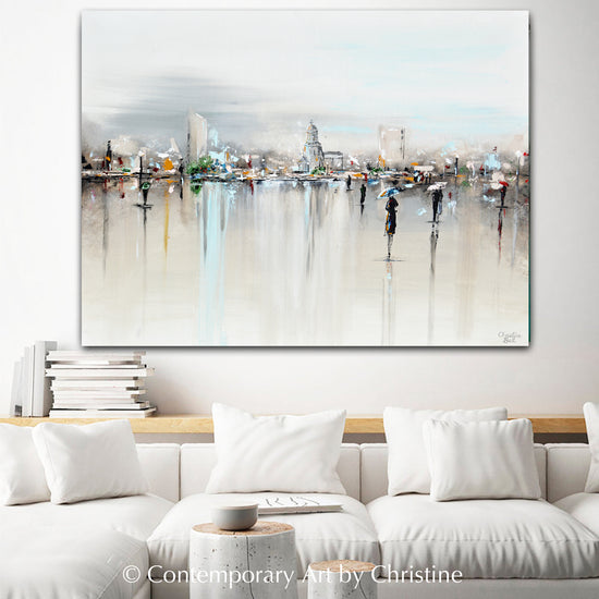 "The Piazza" ORIGINAL Art Abstract Painting Cityscape Horizon Modern Figurative Umbrellas 40x30"