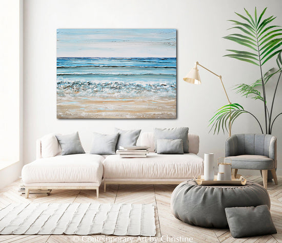 "At the Shore" ORIGINAL Art Coastal Abstract Painting Textured Ocean Waves Blue Beach 48x36"