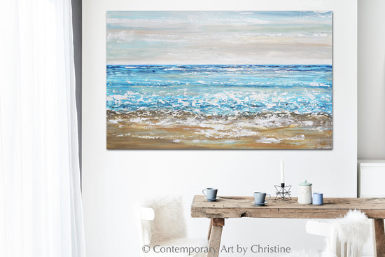 ORIGINAL Art Abstract Painting Textured Beach Ocean Blue White Beige Coastal Home Decor Wall Art 30x48"