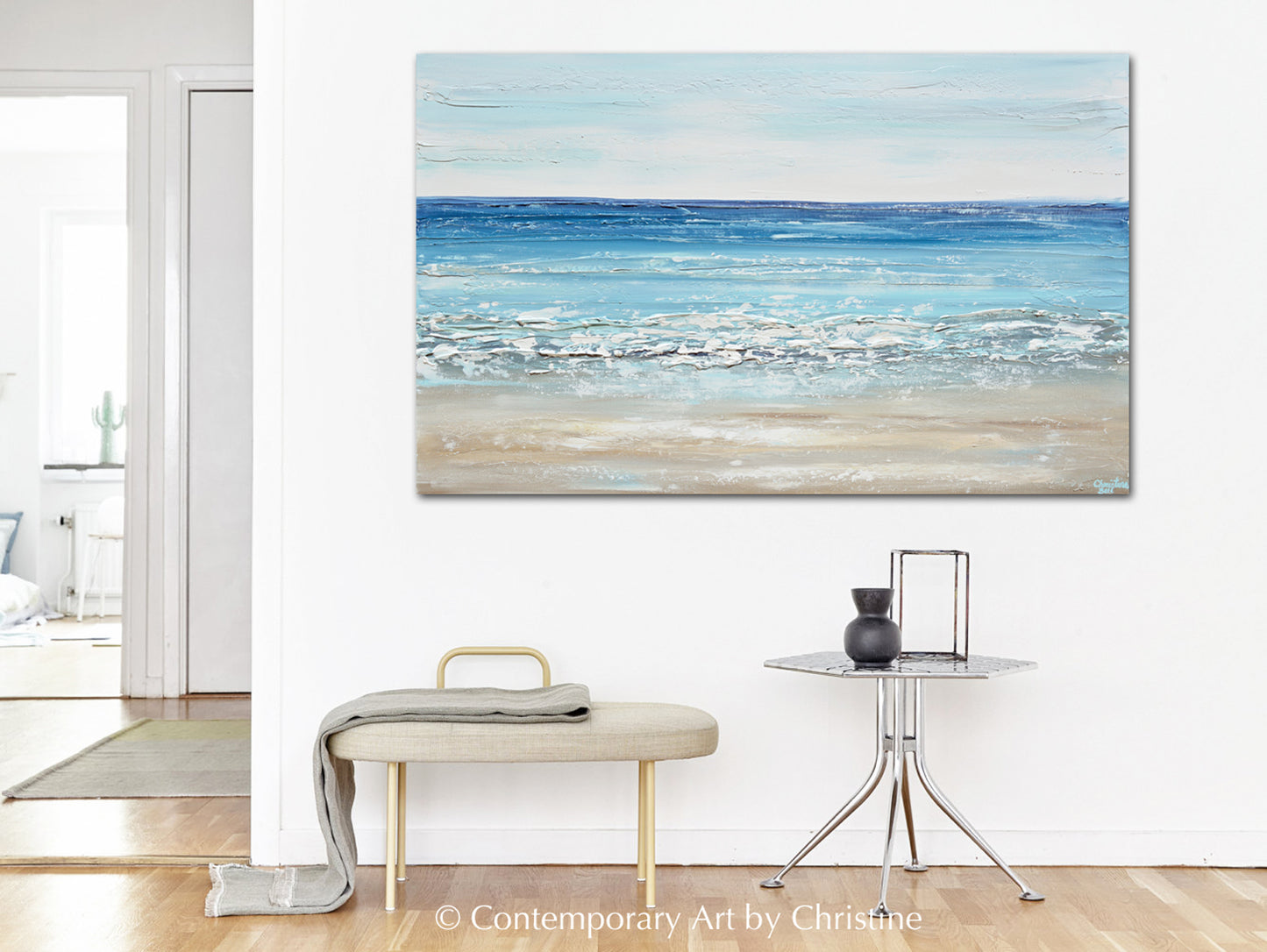 "Sapphire Sea" ORIGINAL Art Coastal Abstract Painting Textured Ocean Blue White Beach Decor 48x30"