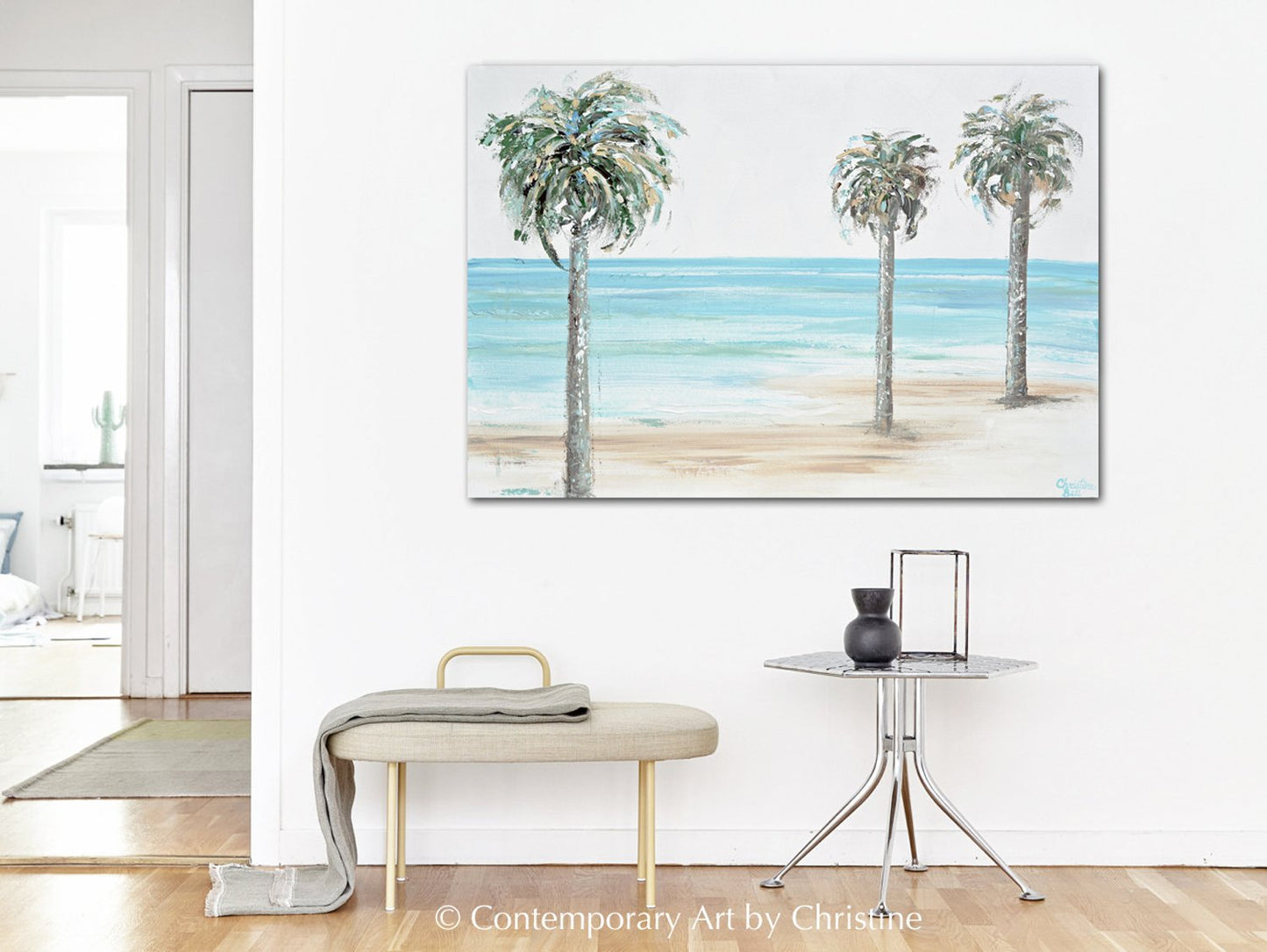 "Palm Beach" ORIGINAL Art Coastal Abstract Painting Textured Palm Trees Beach Wall Art 36x24"