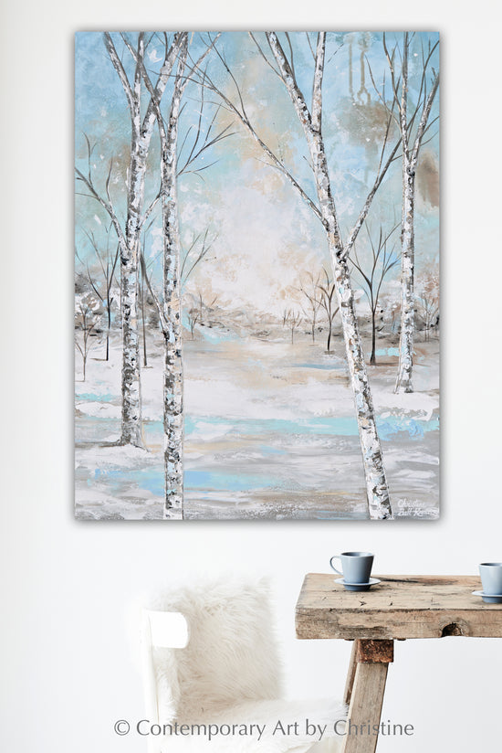 GICLEE PRINT Art Abstract Painting Birch Trees Snow Landscape Blue Green White Wall Art Home Decor