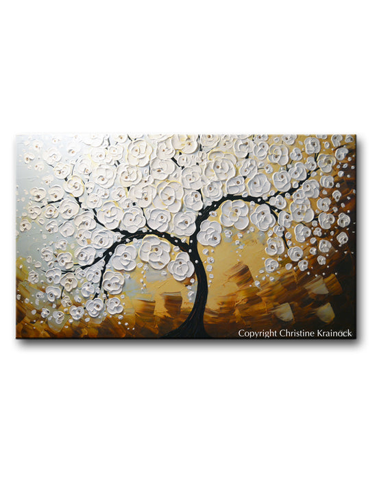 ORIGINAL Art Abstract Painting Blossoming Cherry Tree Textured White Flowers Wall Art XL 36x60"