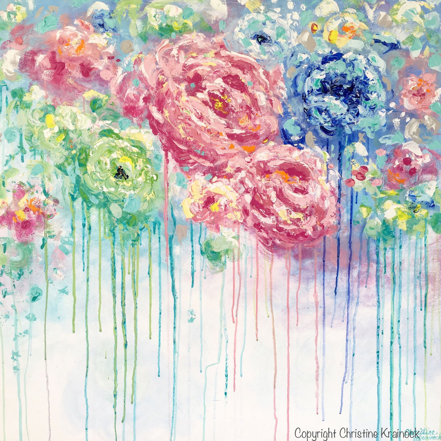 ORIGINAL Art Abstract Painting Flowers Blue White Pink Floral Textured XL Wall Art Colorful Peonies - Christine Krainock Art - Contemporary Art by Christine - 6