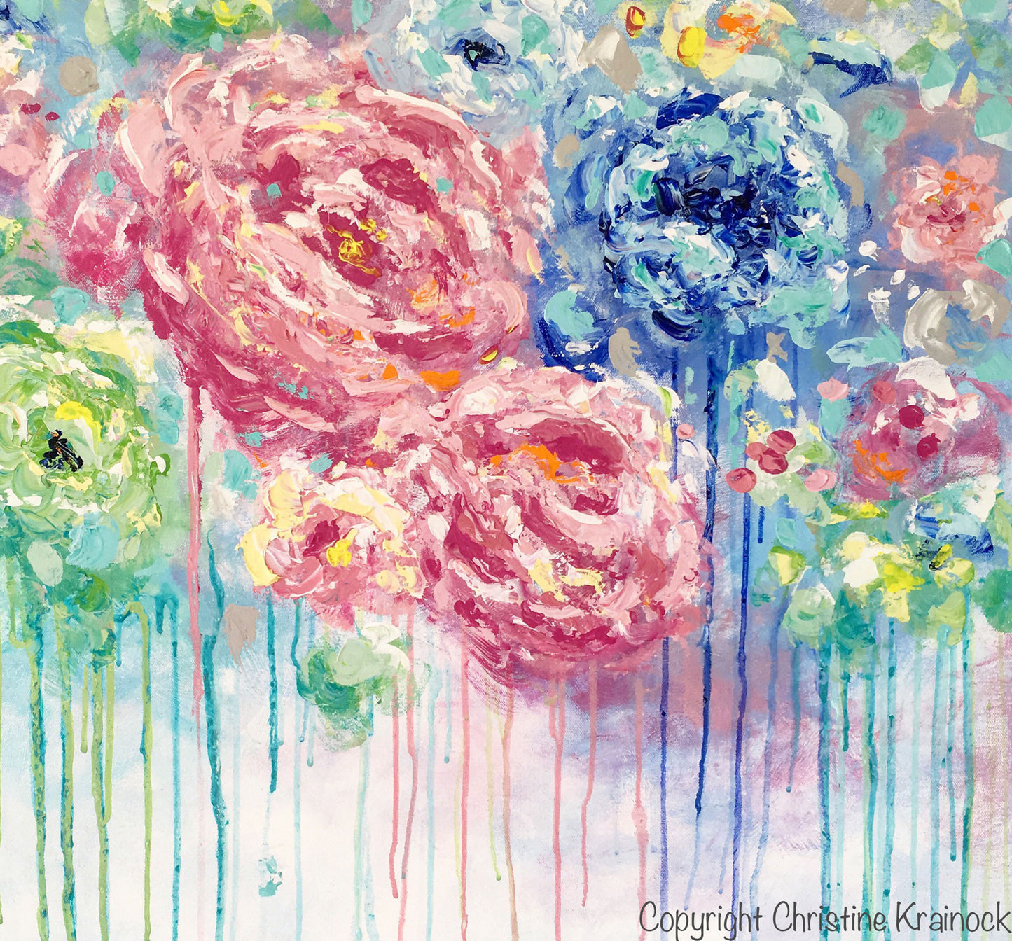 ORIGINAL Art Abstract Painting Flowers Blue White Pink Floral Textured XL Wall Art Colorful Peonies - Christine Krainock Art - Contemporary Art by Christine - 5
