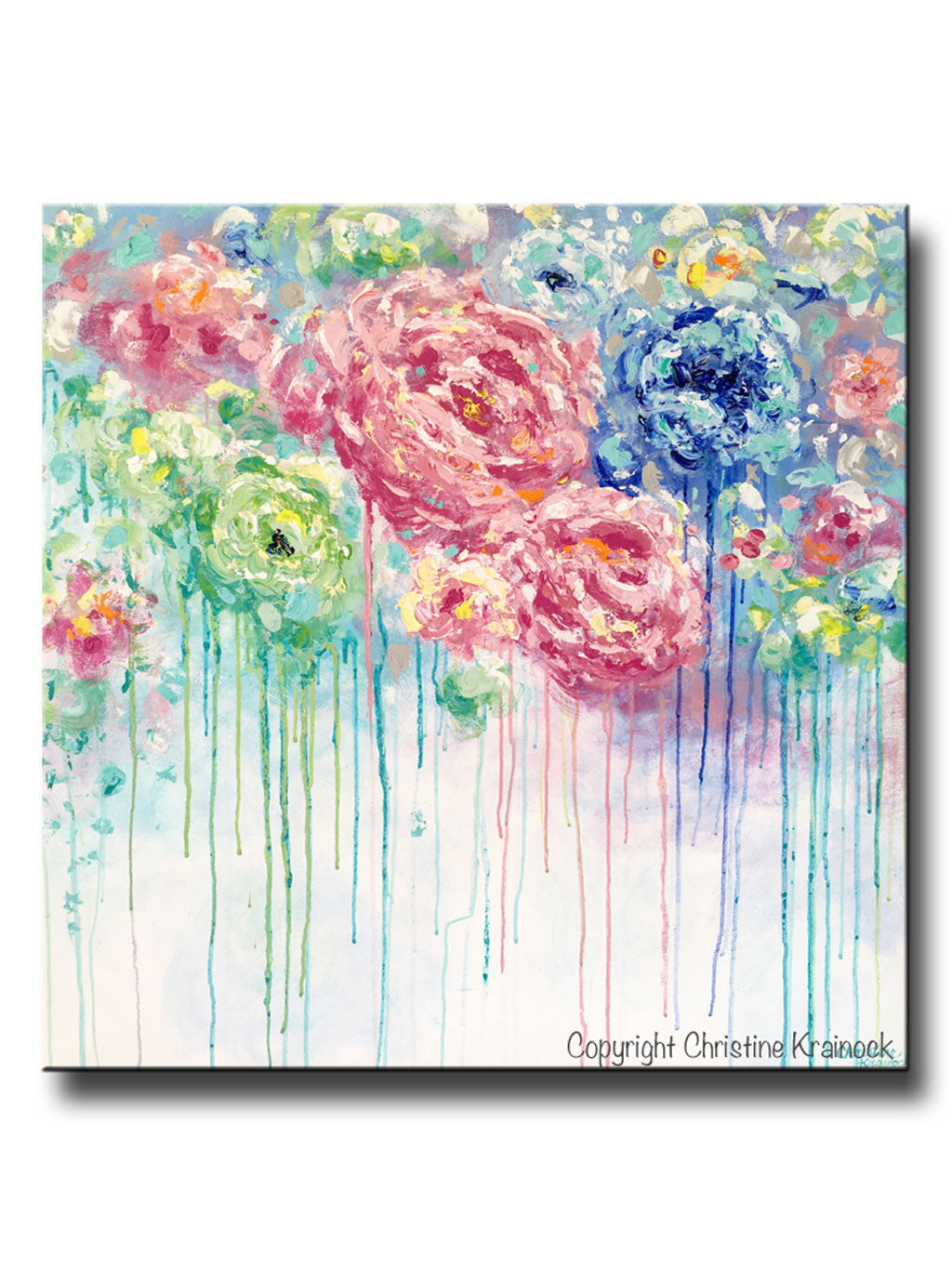 ORIGINAL Art Abstract Painting Flowers Blue White Pink Floral Textured XL Wall Art Colorful Peonies - Christine Krainock Art - Contemporary Art by Christine - 1