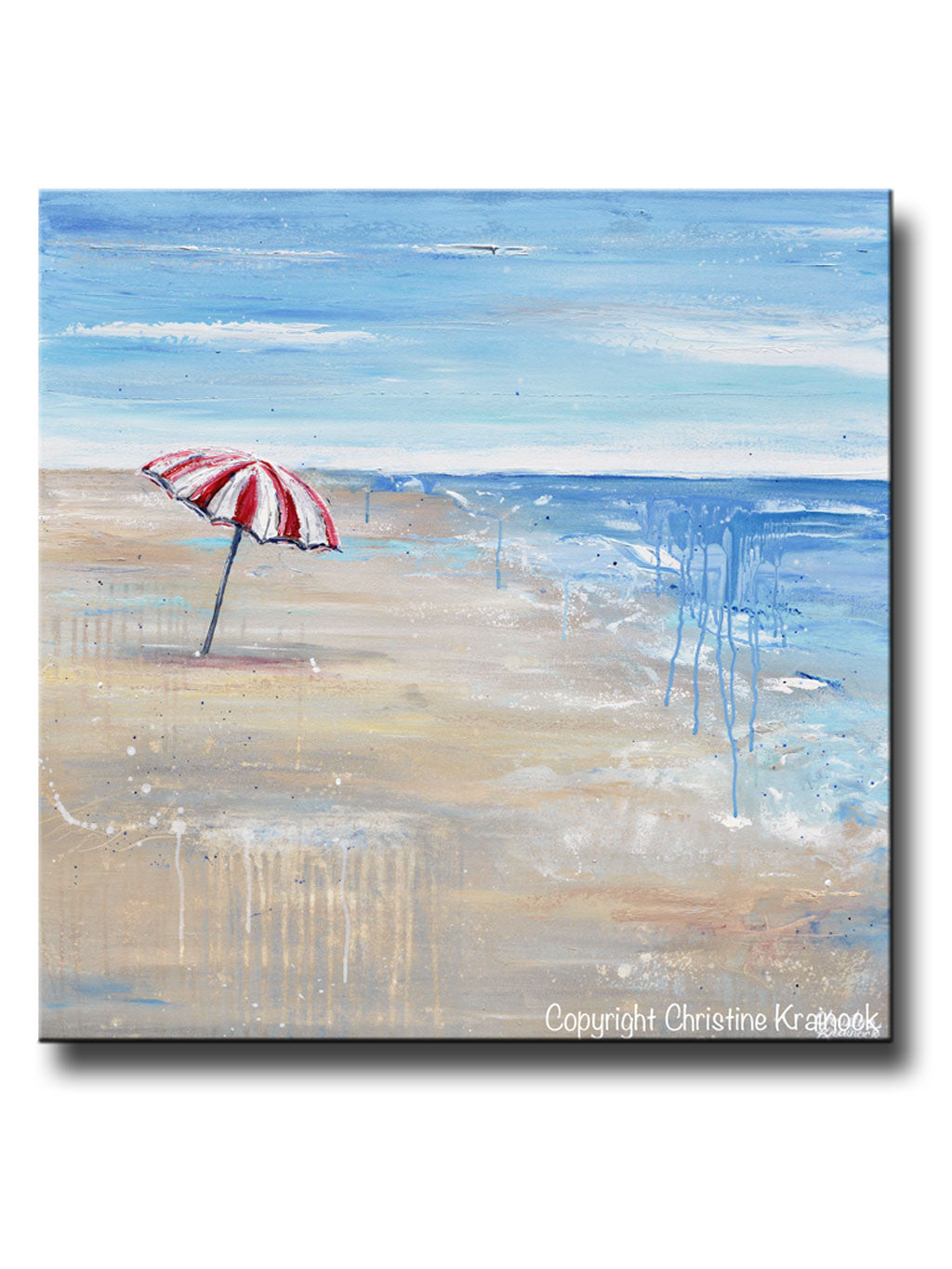 ORIGINAL Art Abstract Painting Seascape Red Beach Umbrella Ocean Blue Coastal Wall Decor 36x36"