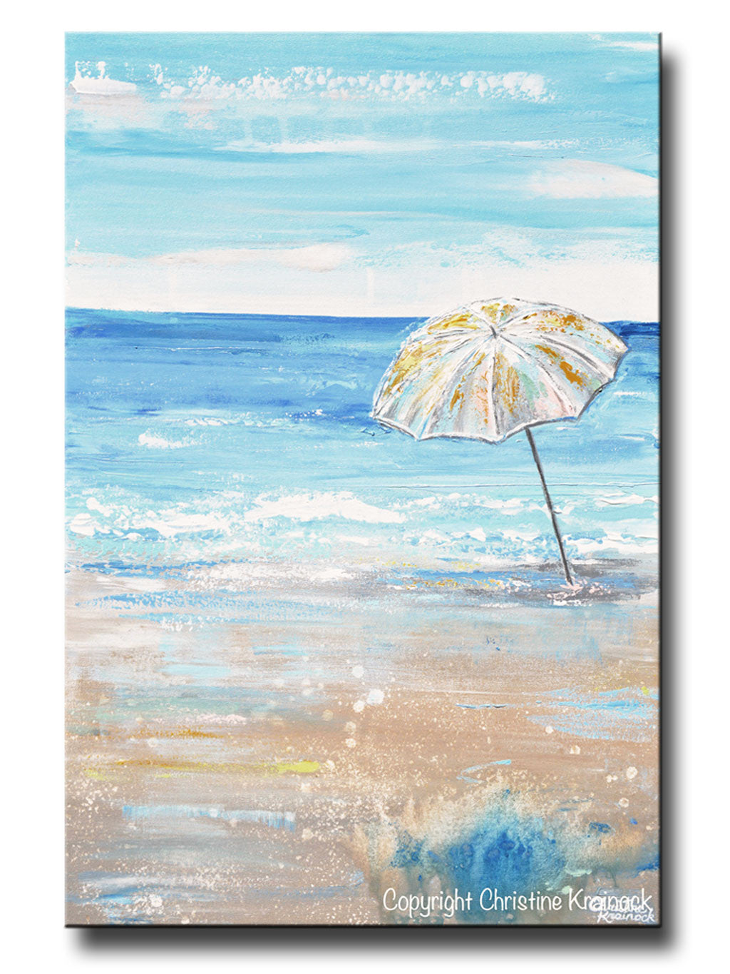 ORIGINAL Art Abstract Painting Beach Umbrella Ocean Blue White Beige Sand Coastal Wall Art Decor 24x36"