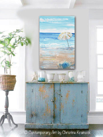 ORIGINAL Art Abstract Painting Beach Umbrella Ocean Blue White Beige Sand Coastal Wall Art Decor 24x36"