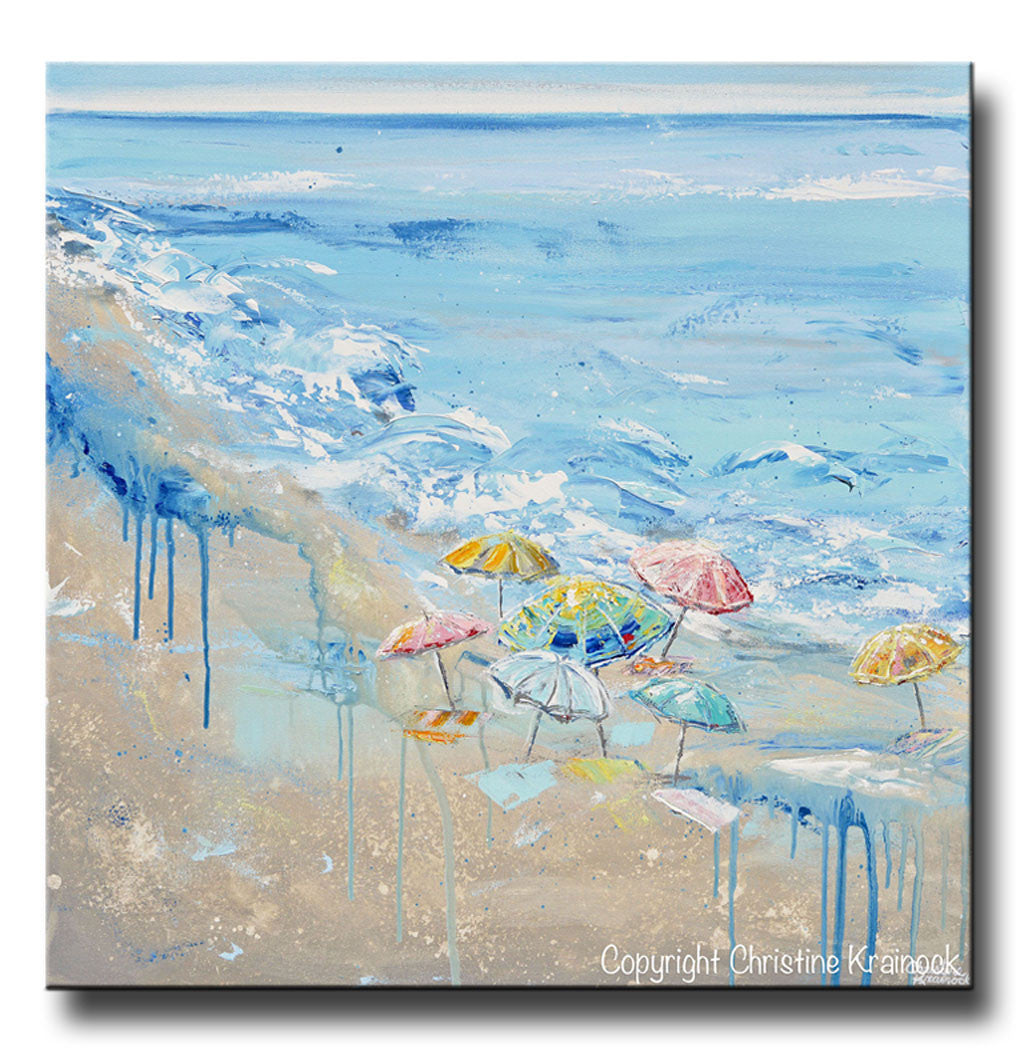ORIGINAL Art Abstract Painting Beach Umbrellas Colorful Blue White Beige LARGE Ocean Coastal Decor Wall Art 36x36"