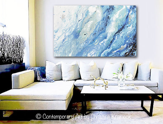 GICLEE PRINT Art Abstract Painting Blue White Coastal Marbled Seascape Large Canvas Prints Wall Art