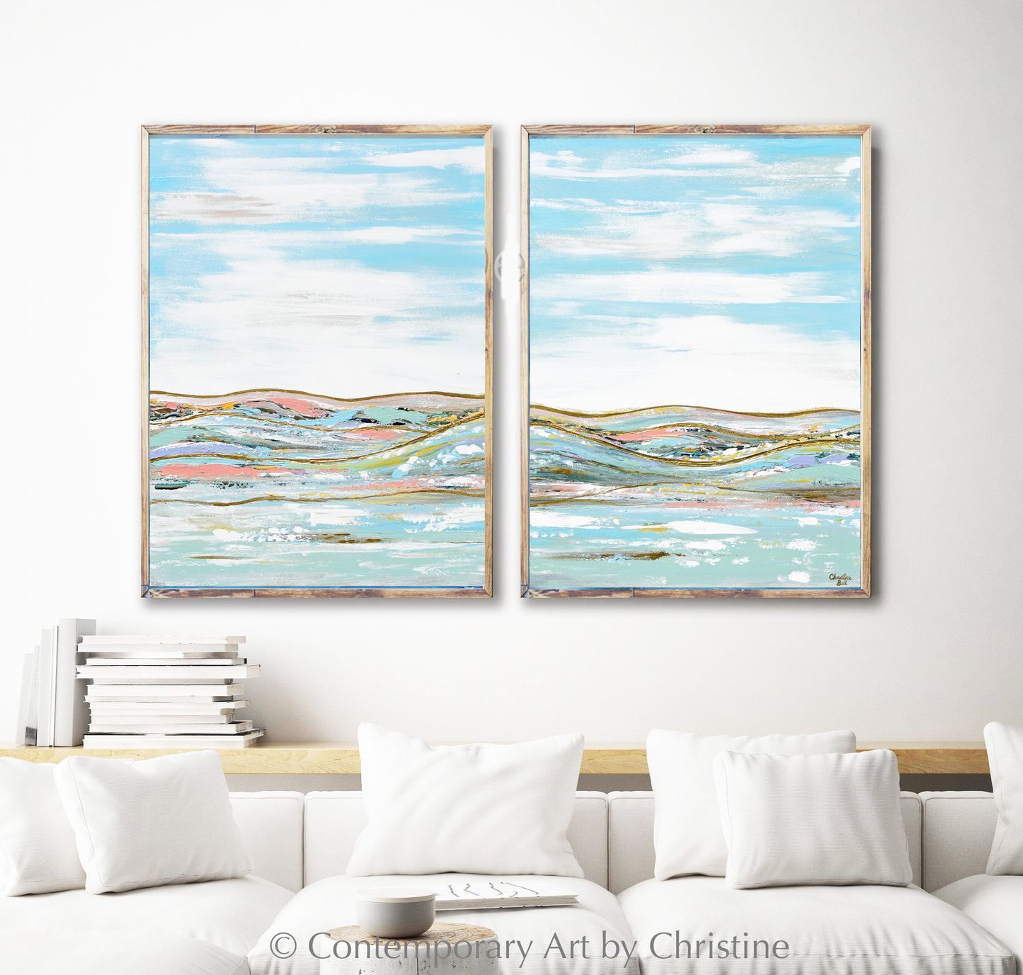 "Heavenly Day I" GICLEE PRINT Art Abstract Landscape Painting Diptych, Light Blue, Mint, Gold Expressionist Palette Knife