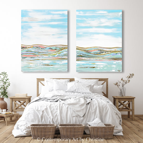 "Heavenly Day II" GICLEE PRINT Art Abstract Landscape Painting, Diptych, Light Blue, Mint, Gold Expressionist Palette Knife