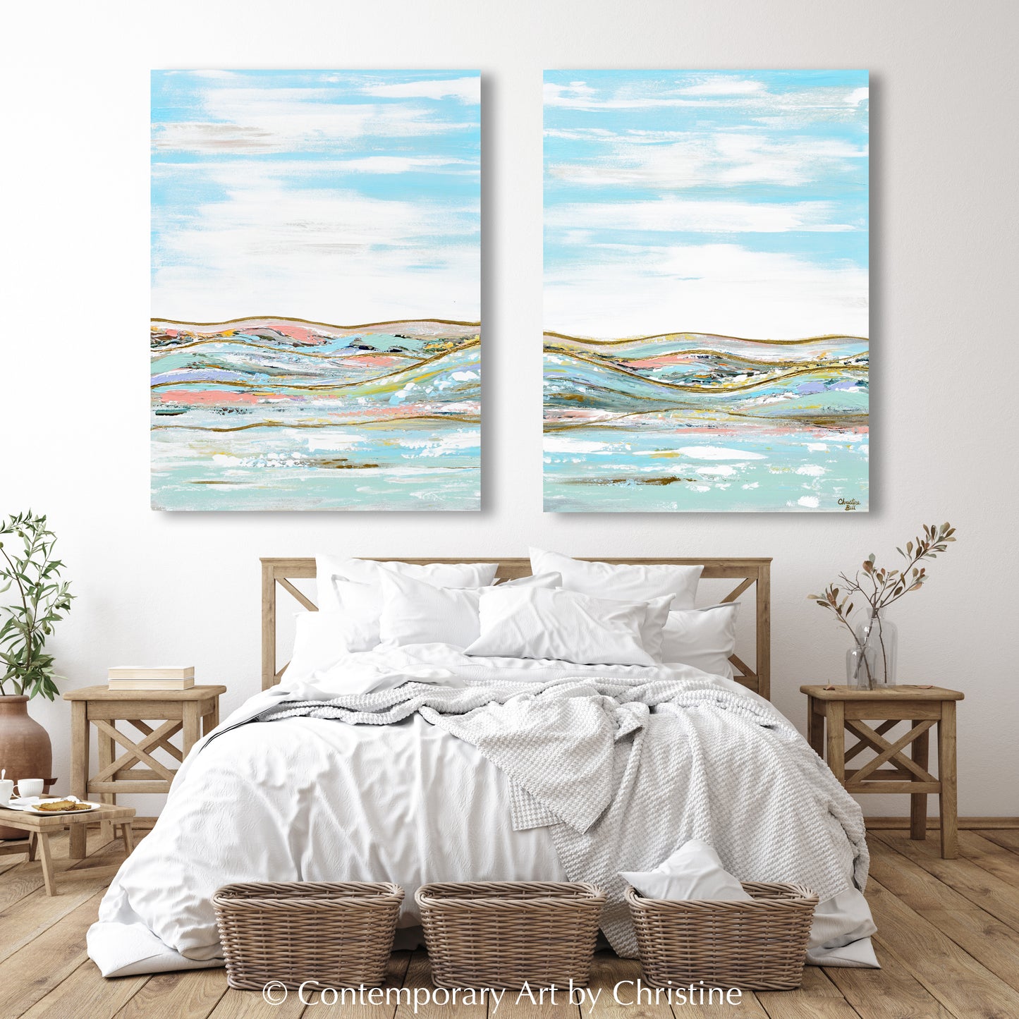 "Heavenly Day I" GICLEE PRINT Art Abstract Landscape Painting Diptych, Light Blue, Mint, Gold Expressionist Palette Knife