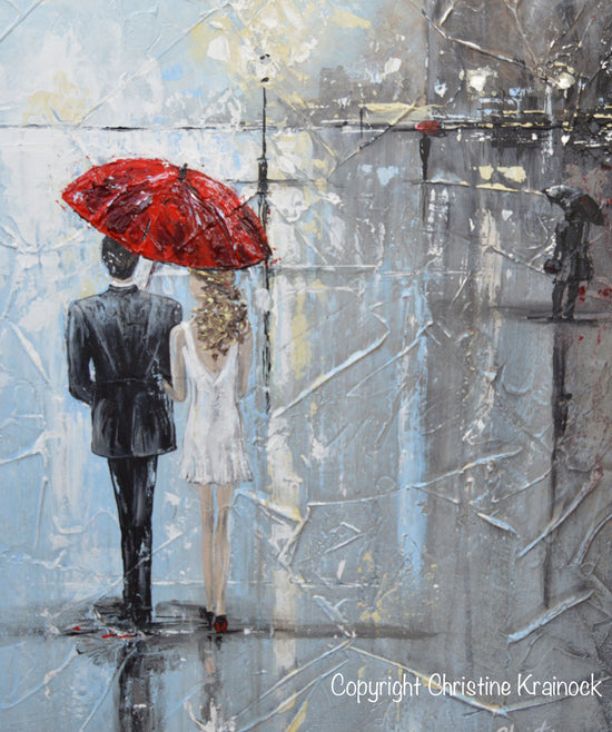 ORIGINAL Art Abstract Painting Couple Red Umbrella Girl White Grey Blue City Rain Modern Art - Christine Krainock Art - Contemporary Art by Christine - 4