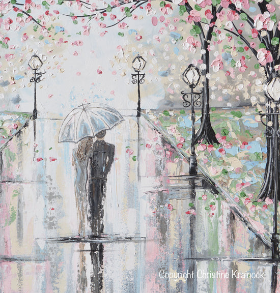 ORIGINAL Art Abstract Painting Couple with Umbrella Walk Rain Pink Cherry Trees Textured White Grey LARGE Wall Art Decor 36x36" - Christine Krainock Art - Contemporary Art by Christine - 5