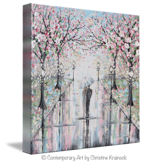 GICLEE PRINT Art Abstract Painting Couple with Umbrella Walk Rain Pink Cherry Trees Textured White Grey Modern Wall Art Decor - Christine Krainock Art - Contemporary Art by Christine - 7