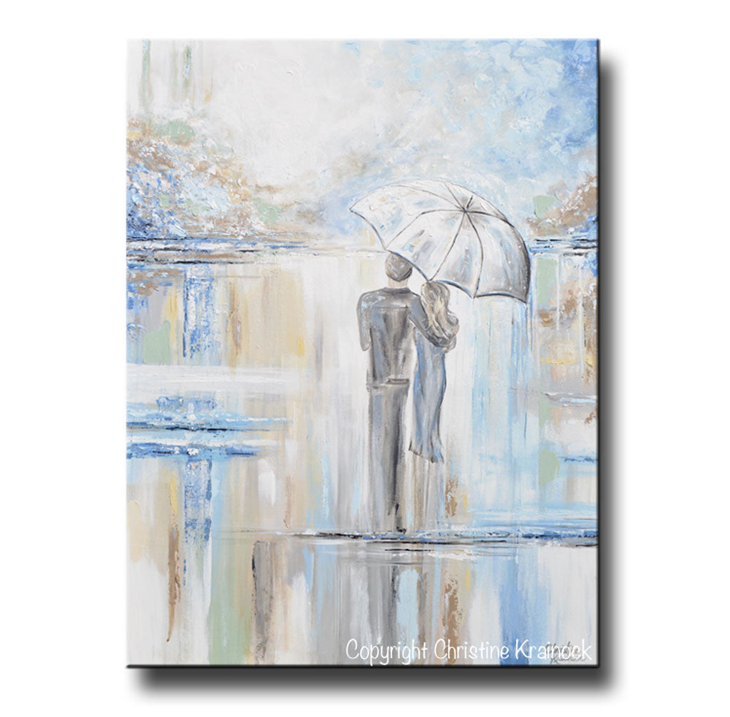 ORIGINAL Art Abstract Painting Couple with Umbrella Romantic Walk Textured White Blue Grey Gold X LARGE Wall Art Decor 40x30" - Christine Krainock Art - Contemporary Art by Christine - 3