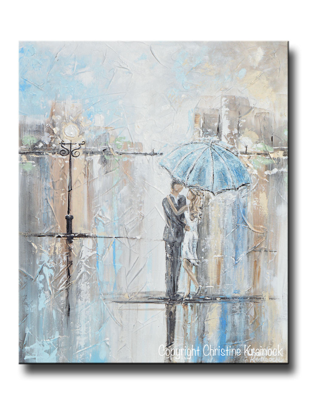 ORIGINAL Art Abstract Painting Couple with Umbrella Romantic Dance Rain Textured White Blue Grey Wall Art Home Decor 24x20" - Christine Krainock Art - Contemporary Art by Christine - 1