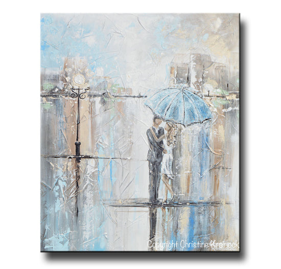 ORIGINAL Art Abstract Painting Couple with Umbrella Romantic Dance Rain Textured White Blue Grey Wall Art Home Decor 24x20" - Christine Krainock Art - Contemporary Art by Christine - 3