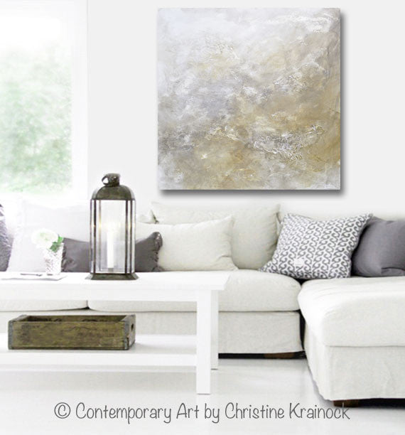ORIGINAL Art Abstract Painting Neutral X- LARGE White Grey Taupe Beige Modern Textured Coastal Wall Art Decor 48x48" - Christine Krainock Art - Contemporary Art by Christine - 4