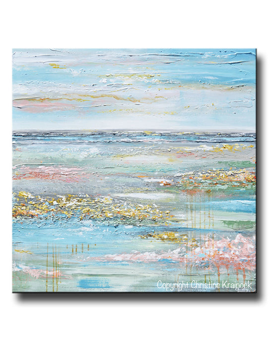 ORIGINAL Art Abstract Painting Landscape Horizon Blue Green Gold Grey Pink Textured LARGE 40x40"