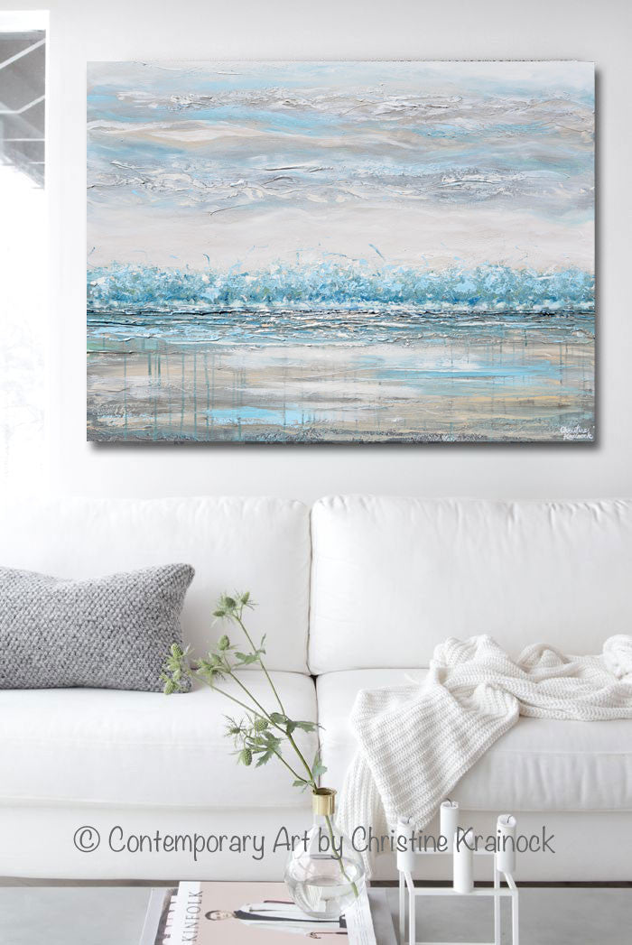 "Peace and Calm" GICLEE PRINT Art Abstract Painting Landscape Teal Blue Aqua Grey Trees LARGE Canvas Wall Art Decor