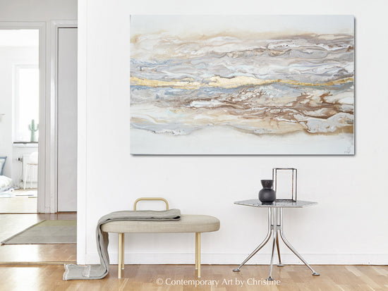 "Ingrained in My Soul" ORIGINAL Art Abstract Painting Neutral White Beige Gold Leaf Marbled Coastal Landscape 48x30"