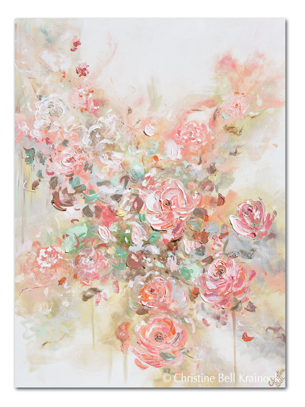 GICLEE PRINT Art Abstract Floral Painting Pink Flowers Coral Peach Roses Home Wall Decor