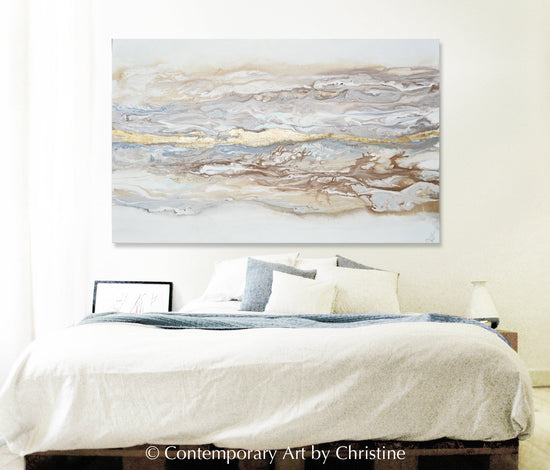 "Ingrained in My Soul" GICLEE PRINT FRAMED CANVAS Art Abstract Painting Neutral White Beige Gold Leaf Marbled Coastal