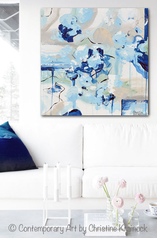 ORIGINAL Art Abstract Painting Light Blue Navy White Grey Coastal Wall Art Home Decor 20x20"
