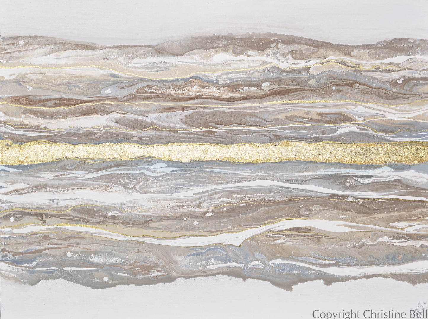 "Meditative" ORIGINAL Art Abstract Painting Neutral Gold Leaf Marbled Coastal Landscape XL 48x36"