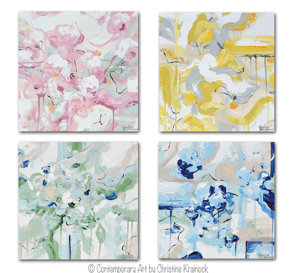 ORIGINAL Art Abstract Paintings -Set of 4- 20" Colorful Wall Art Home Decor Canvas Totaling 40x40"