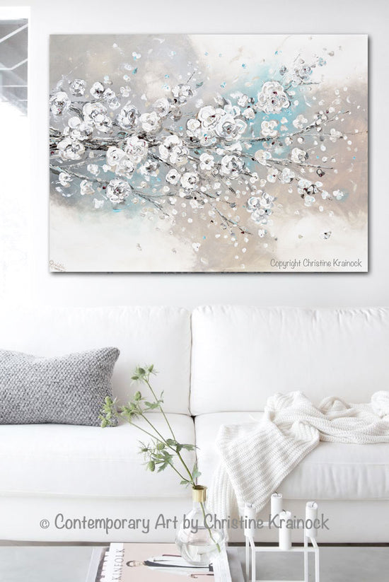 ORIGINAL Art Abstract Painting White Cherry Blossoms Branch Flowers White Grey Creme Blue Neutral Home Wall Decor 30x40"