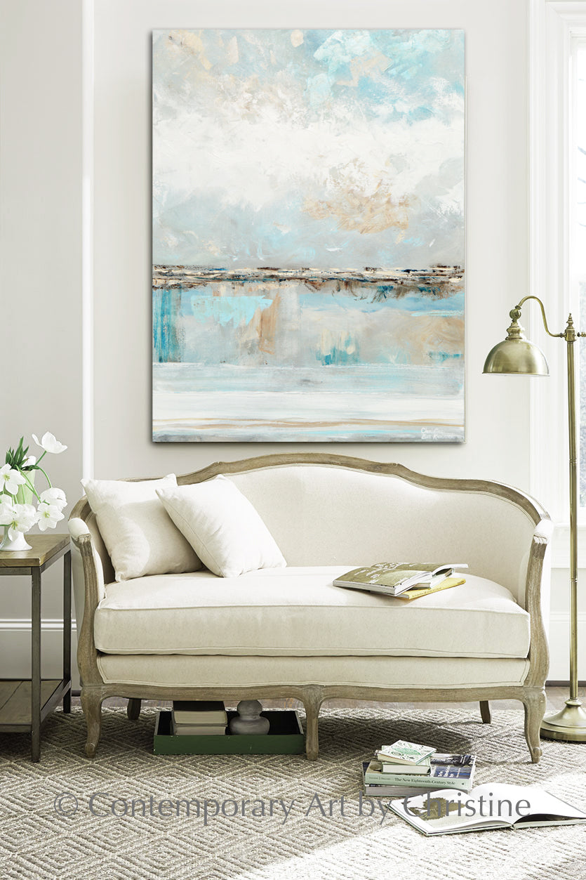 ORIGINAL Art Abstract Painting Textured Light Blue White Grey Beige Coastal Landscape 30x40"