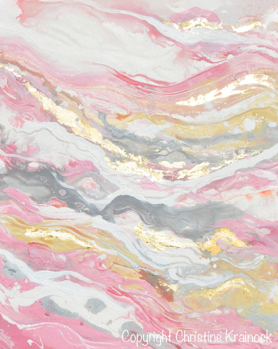 ORIGINAL Art Abstract Painting Pink White Grey Beige Gold Leaf Marbled Coastal Wall Art 30x24"