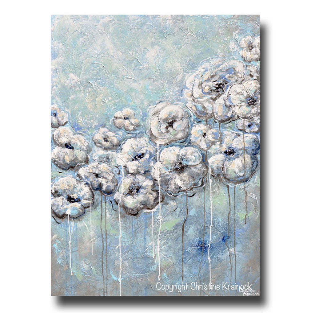 GICLEE PRINT Art Abstract Blue Grey White Flowers Painting Modern Coastal Floral Canvas Print