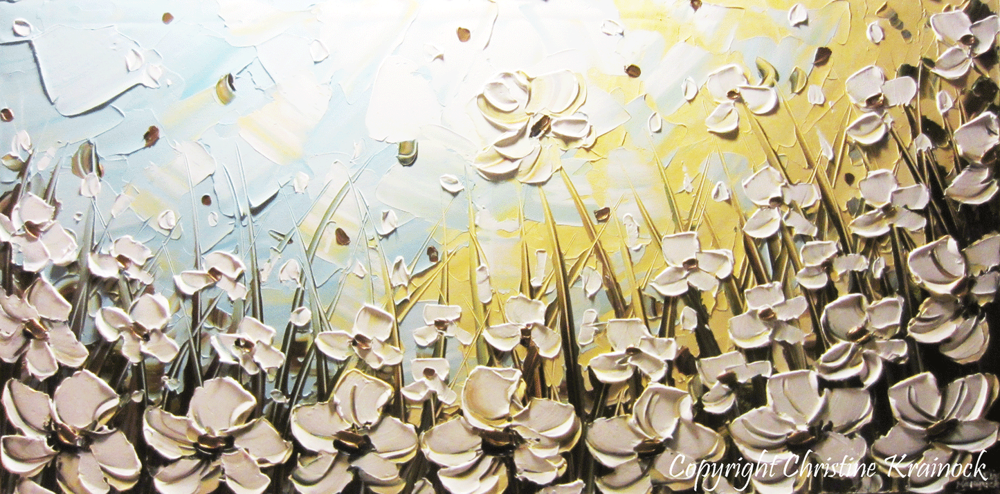 ORIGINAL Art Abstract Painting White Flowers Poppies Blue Gold Landscape Textured Palette Knife - Christine Krainock Art - Contemporary Art by Christine - 3