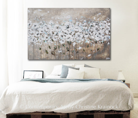"Beautiful Moments" Original Art Abstract Painting Textured White Flowers Grey Taupe Blue Neutral